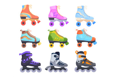 Rollerskates. Cartoon roller skates, retro footwear on wheels kid spor