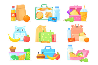 School lunch boxes. Lunchbox kid snacking break, food container backpa