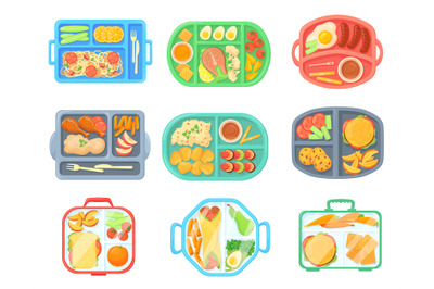 School meal trays. Lunch tray with food cafeteria menu, kid eat breakf