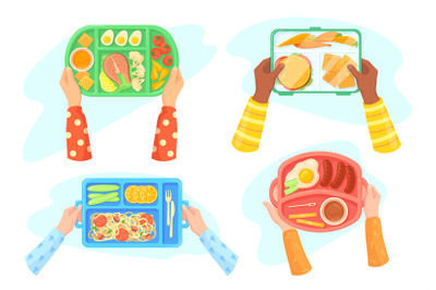 Hands with school lunch. Child hand holding tray with healthy food in