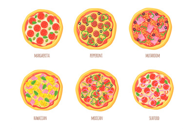 Cartoon pizza top view. Italian or hawaiian pizzas with toppings, slic