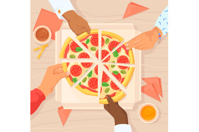 Hands taking pizza. Party eating dinner, share meal with hungry family