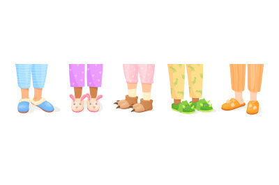 Legs in slippers. Kid feet wearing cartoon animal slipper, pajama part