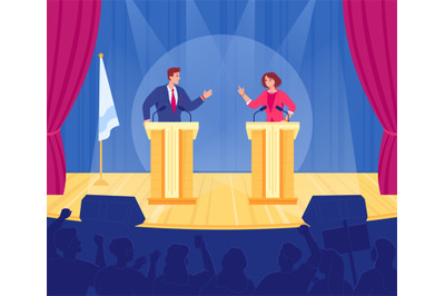 Political debates in audience. Government candidate speech of politici