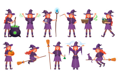 Young witches witchcraft. Redhead witch on broomstick, halloween broom