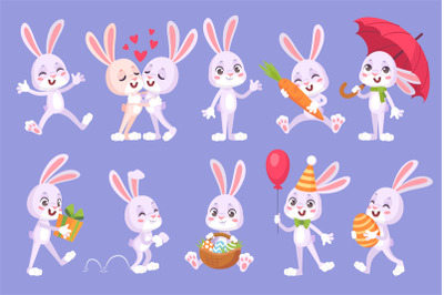 Cartoon hares with carrot. Cute bunny characters adorable funny love c