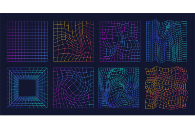 Warped retro grid. Nft cyber gravity grids, warp tunnel retrowave 80s