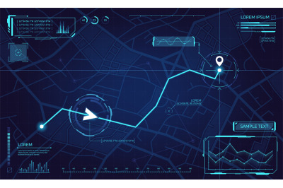 Hud roadmap. Road direction in digital gps navigation map on screen di