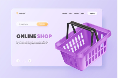 3d online shop basket. Floating purple shopping cart for marketing tra