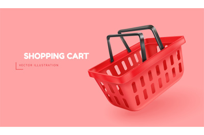 3d shopping basket. Render empty shop cart, realistic floating red mar