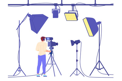 Camera operator equipment. Cameraman recording movie backstage, profes