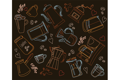 Coffee tools pattern. Outline tool cooking tea or cafe milk beverages,