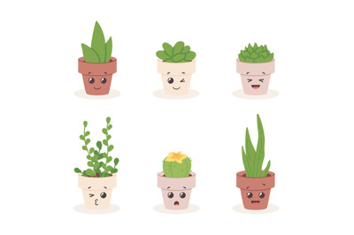 Cute funny succulents. Kawaii home cacti characters in flowerpots set,