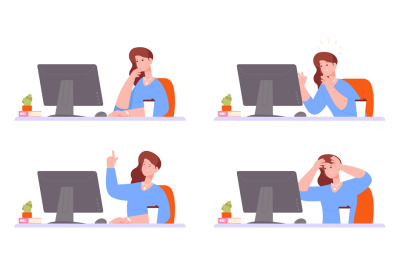 Different emotions woman at desktop. Happy and disappointed employee c