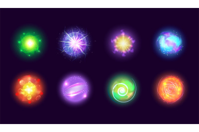 Glow energy balls. 3d electrical ball burst effect magic spheres, disc