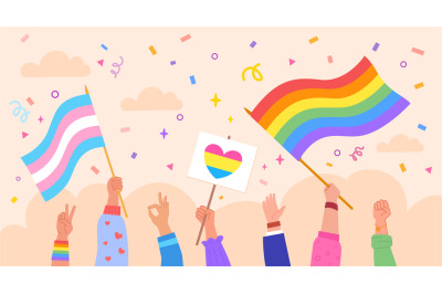 Hands hold lgbt flags. Pride month or gay parade, hand people group ho
