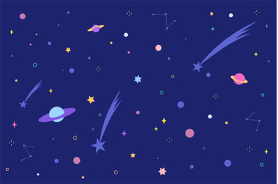 Kids flat universe. Cosmic endless galaxy background for nursery, spac