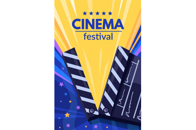 Movie events poster. Cinema festival banner, movie clapper advertising