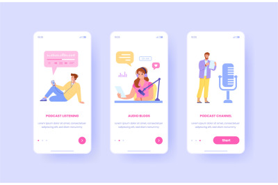 Podcast onboarding. Broadcast mobile app phone screen ui design, peopl