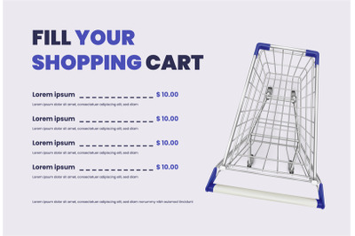 Product list cart. Realistic supermarket trolley top view, online shop