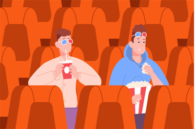 Teenagers in cinema. Boys at movie theater watching film, eating popco