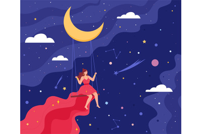 Woman on moon swing. Girl imagine journey in sleep dream, swinging lon