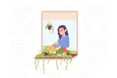 Woman watering flowers on windowsill. Female water care of green house