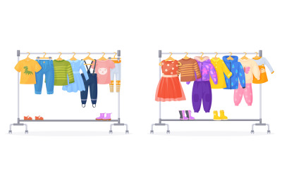 Kids clothes racks. Children apparel on hanger of baby shop or kid war