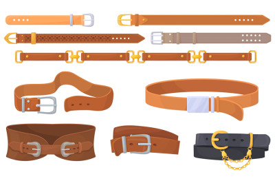 Leather straps. Cartoon belts with unbutton metal buckles, leathers ho