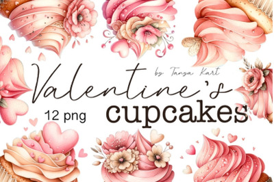 Watercolor Valentine&#039;s Day Cupcakes Clipart, Dessert Love Clipart