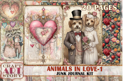 Valentine&#039;s Day Animals in love-1 Junk Journal Kit,Collage