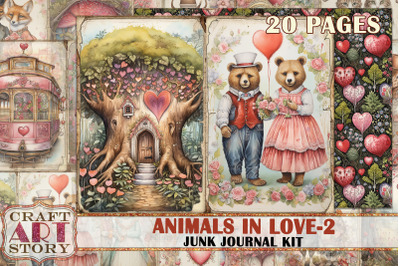 Valentine&#039;s Day Animals in love-2 Junk Journal Kit,Collage