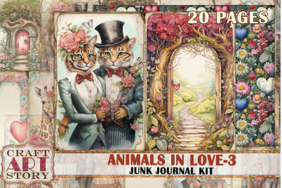 Valentine&#039;s Day Animals in love-3 Junk Journal Kit,Collage