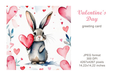Bunny and hearts watercolor greeting card, illustration. Valentine.