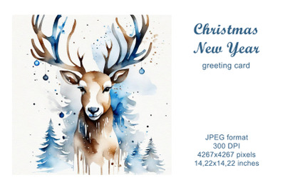 Christmas reindeer watercolor illustration, greeting card. Winter.