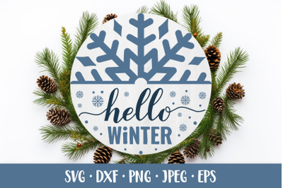 Hello Winter SVG. Winter quote. Seasonal round door sign