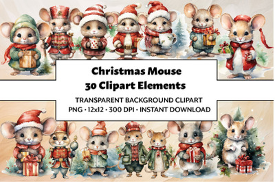 Watercolor Christmas Mouse Clipart, Cute Mouse PNG