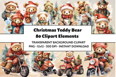 Watercolor Christmas Teddy Bear Clipart Bundle