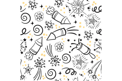 Doodle firework wrapping. Drawing fireworks seamless pattern, festival