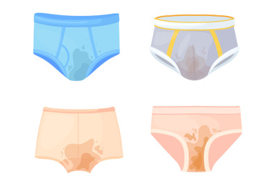 Dirty underwear. Mens and womens underpants with urinal stains, wet pa