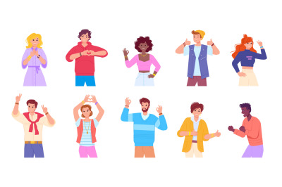 Happy people language gestures. Confident characters showing hand gest