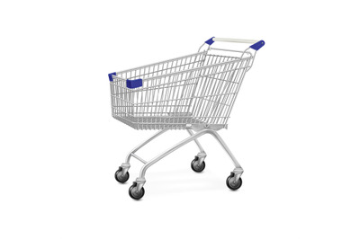 Metal supermarket cart. 3d isolated pushcart silver trolly, empty shop