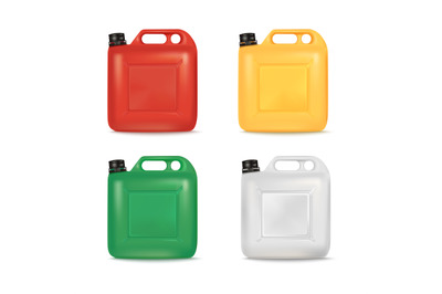 3d jerrycans. Color fuel jerrycan render, oil or gasoline plastic cani