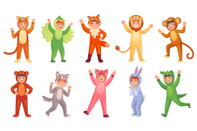 Child animal suit. Children action in cute animals carnival costumes,