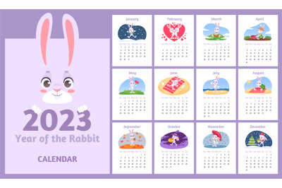 Bunny calendar. Advent 2023 year&2C; cartoon rabbit monthly child planner