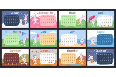 Rabbit wall calendar. Chinese 2023 year bunny monthly planner design f