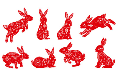 Lunar oriental rabbits. New 2023 chinese year of rabbit floral bunny s