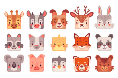 Animal square face. Cartoon cute animals muzzles&2C; mobile ui game avata