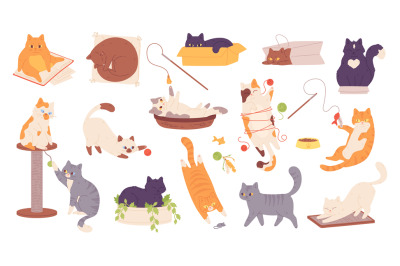 Doodle playing cats. Funny kitten characters&2C; cute cat play with ball