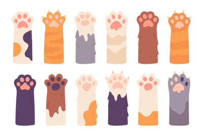 Cats palms. Cat paws with claws, cartoon pets paws-up cute furry kitte